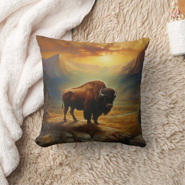 Bison Buffalo Sunset View Throw Pillow (Blanket)