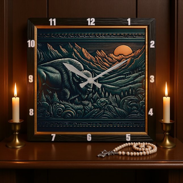 Bison Buffalo Tooled Bison Sunset Square Wall Clock (Creator Uploaded)