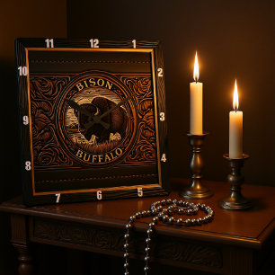 Bison Buffalo Tooled Buffalo Sunset Square Wall Clock
