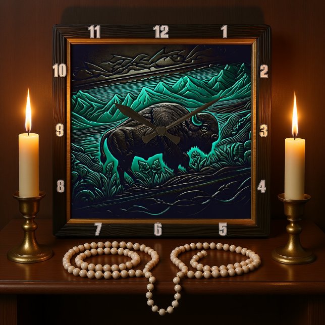 Bison Buffalo Tooled Teal Bison Square Wall Clock (Creator Uploaded)