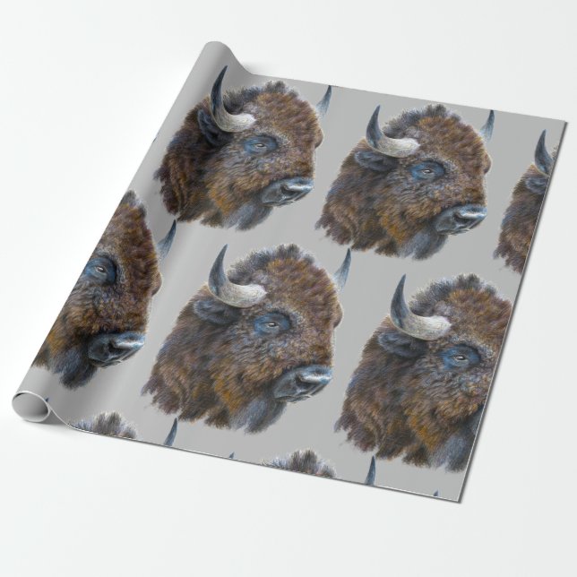 Bison Buffalo Watercolor Animal Nature Pattern Art Wrapping Paper (Unrolled)