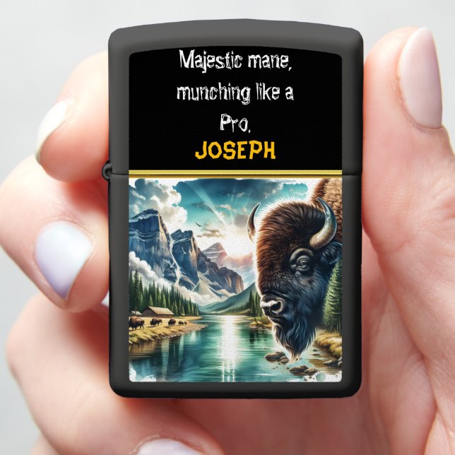 Bison by the River at Sunrise Zippo Lighter (In Hand)