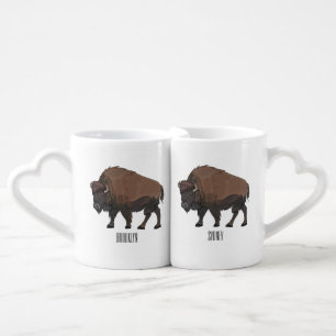 Bison cartoon illustration coffee mug set