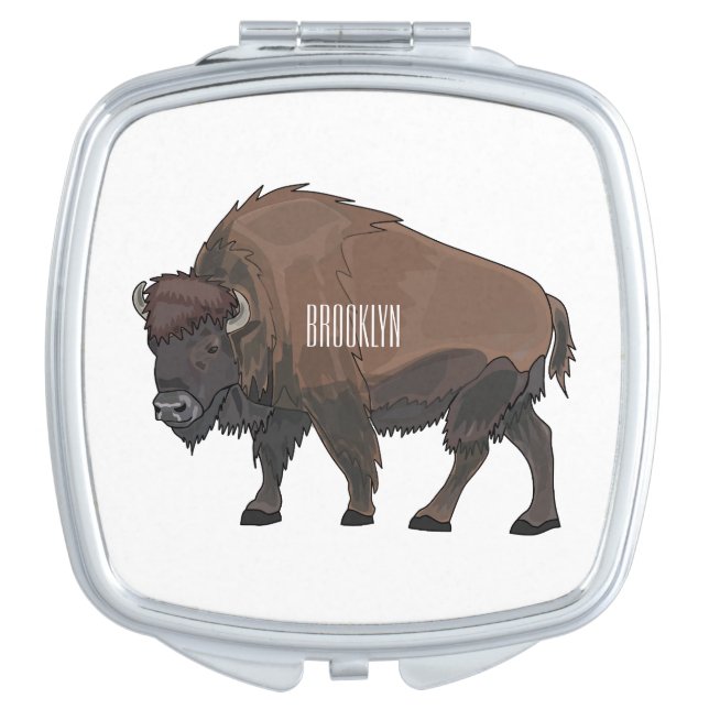 Bison cartoon illustration compact mirror (Front)