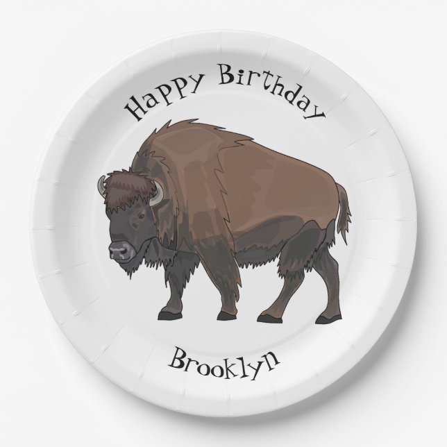 Bison cartoon illustration paper plates (Front)