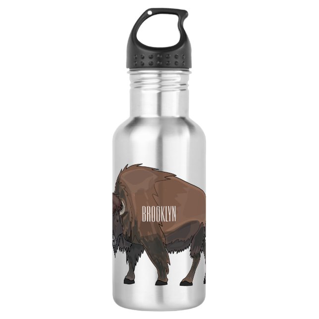 Bison cartoon illustration stainless steel water bottle (Front)