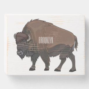 Bison cartoon illustration wooden box sign