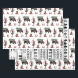 Bison Christmas Tree Ranch Western Geometric Wrapping Paper Sheets<br><div class="desc">Illustration of a buffalo wearing a santa hat with Christmas tree tied to its back with cactus,  horse shoe,  and cowboy boot decorated with poinsettias and bows.</div>