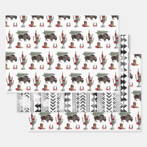 Bison Christmas Tree Ranch Western Geometric Wrapping Paper Sheets