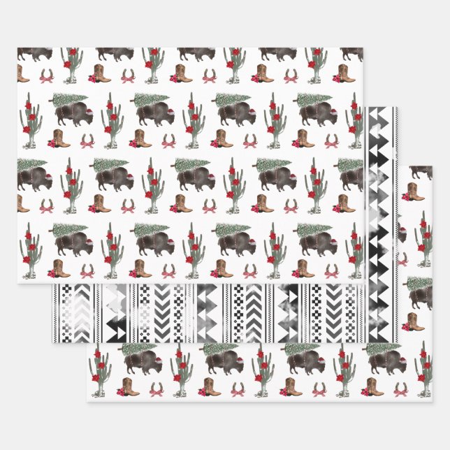 Bison Christmas Tree Ranch Western Geometric Wrapping Paper Sheets (Set)