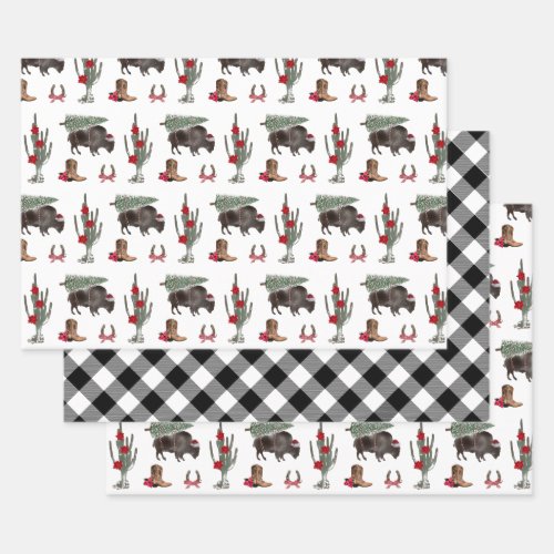 Bison Christmas Tree Ranch Western Plaid Wrapping Paper Sheets