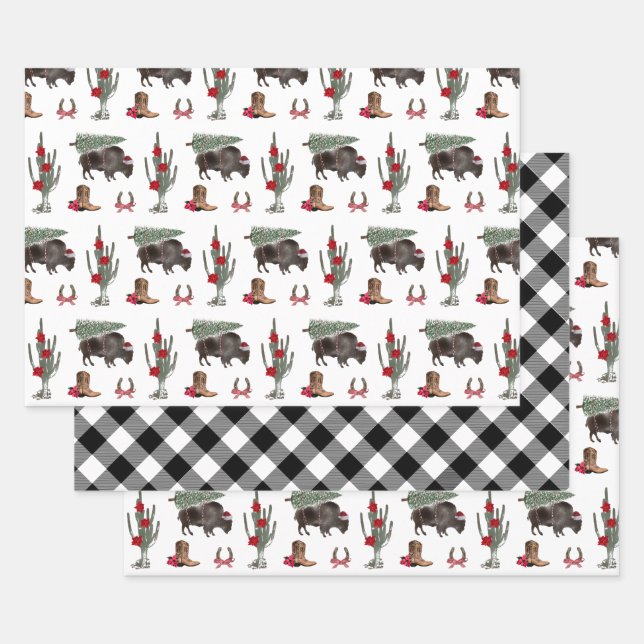 Bison Christmas Tree Ranch Western Plaid Wrapping Paper Sheets (Set)