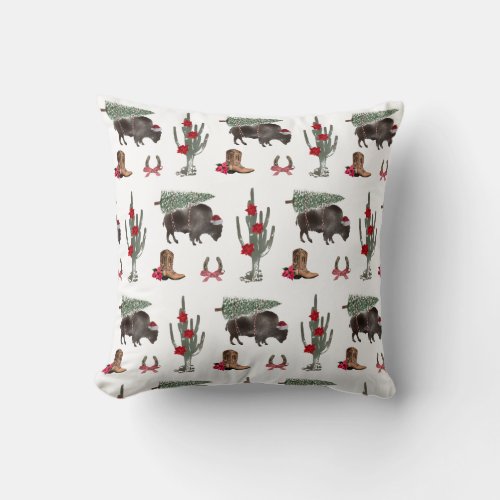 Bison Christmas Tree Ranch Wild West Christmas Throw Pillow