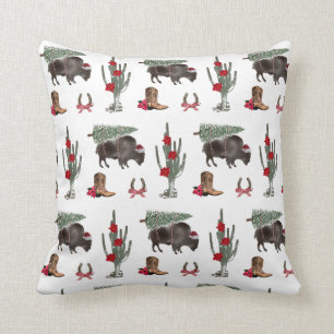 Bison Christmas Tree Ranch Wild West Christmas Throw Pillow