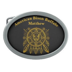 Bison Design With Feathers and Geometric Patterns Belt Buckle