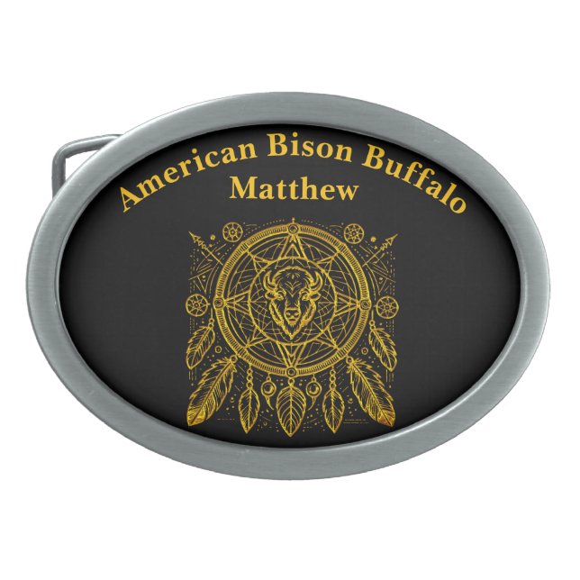 Bison Design With Feathers and Geometric Patterns Belt Buckle (Front)
