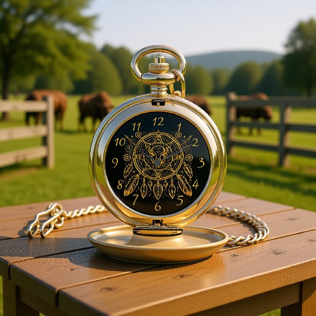 Bison Design With Feathers and Geometric Patterns Pocket Watch (Creator Uploaded)