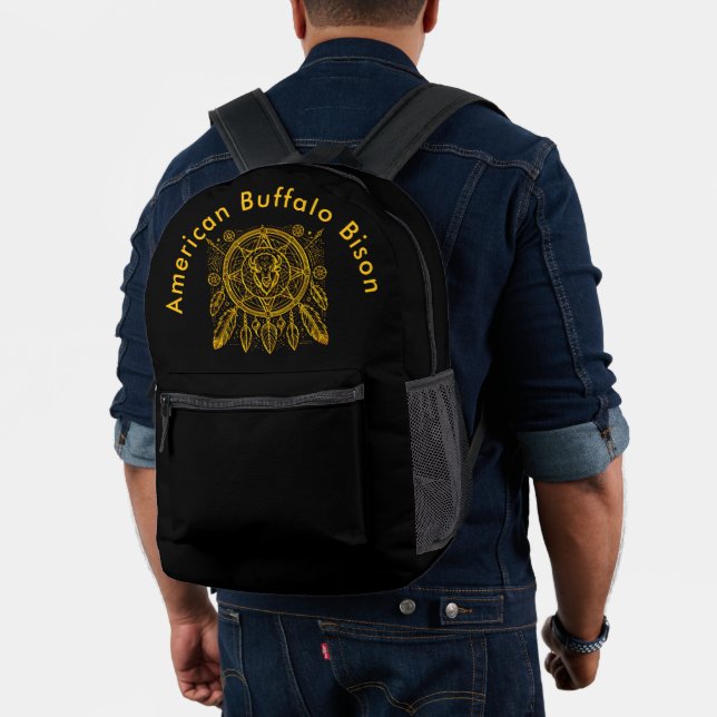 Bison Design With Feathers and Geometric Patterns Printed Backpack (Insitu (Model))