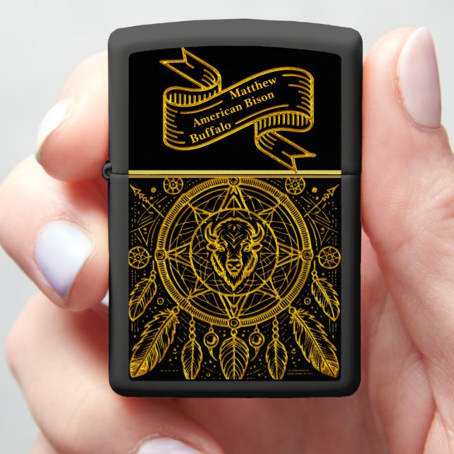 Bison Design With Feathers and Geometric Patterns Zippo Lighter (In Hand)
