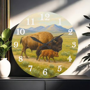 Bison duo in golden prairie large clock