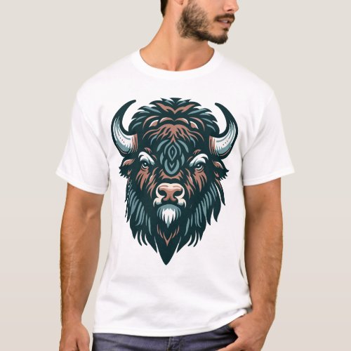 Bison Face Illustration  Tribal Art Style T_Shirt