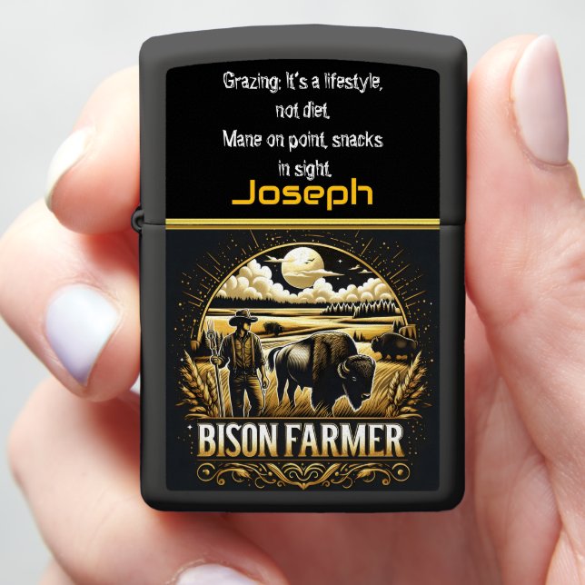 Bison Farmer at Sunset in Fields Zippo Lighter (In Hand)