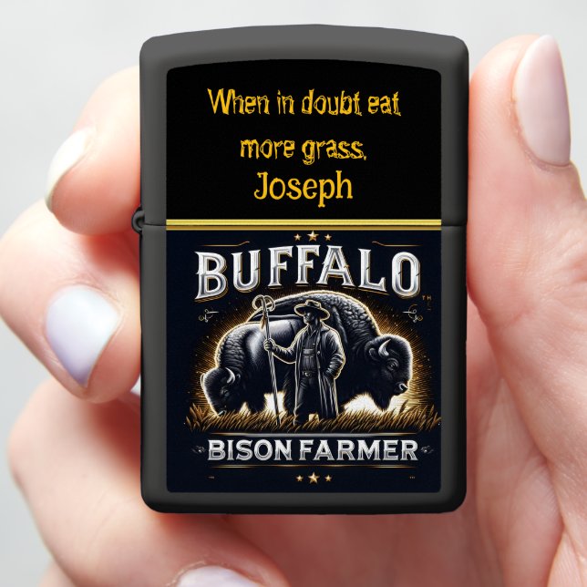 Bison Farmer Tending to Animals on a Sunny Day Zippo Lighter (In Hand)