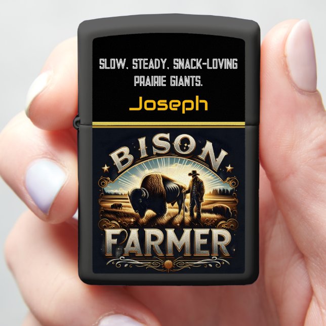 Bison Farmer Tending to His Herd at Dusk Zippo Lighter (In Hand)