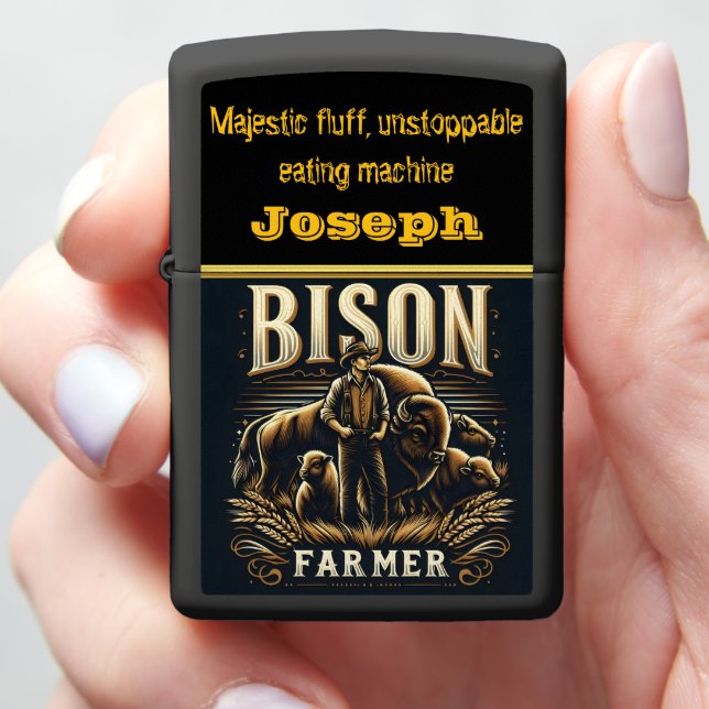 Bison Farmer Tending to His Herd at Sunset Zippo Lighter (In Hand)