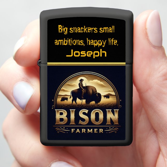 Bison Farmer Tending to His Herd in Golden Fields Zippo Lighter (In Hand)