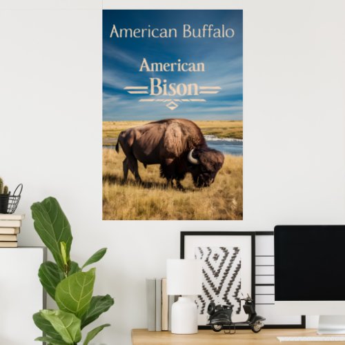 Bison Grazing by the River Poster