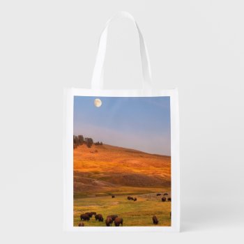 Bison Grazing On Hill At Hayden Valley Grocery Bag by usyellowstone at Zazzle