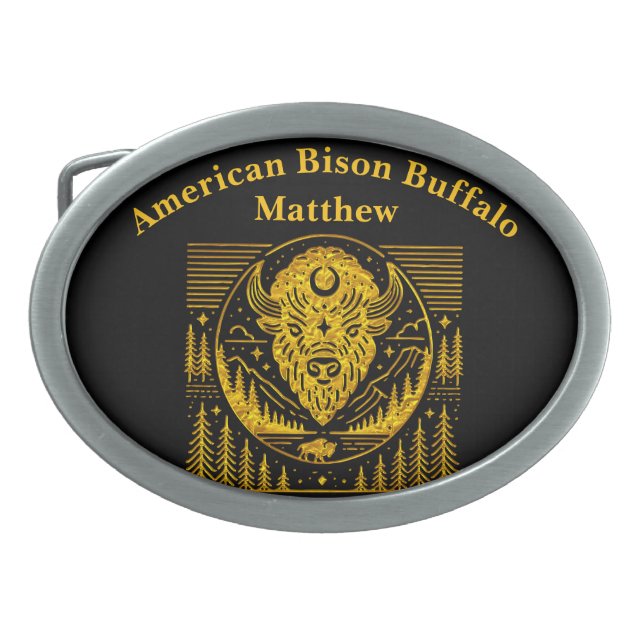 Bison Head Silhouette Against Mountain Background Belt Buckle (Front)