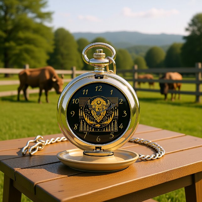 Bison Head Silhouette Against Mountain Background Pocket Watch (Creator Uploaded)