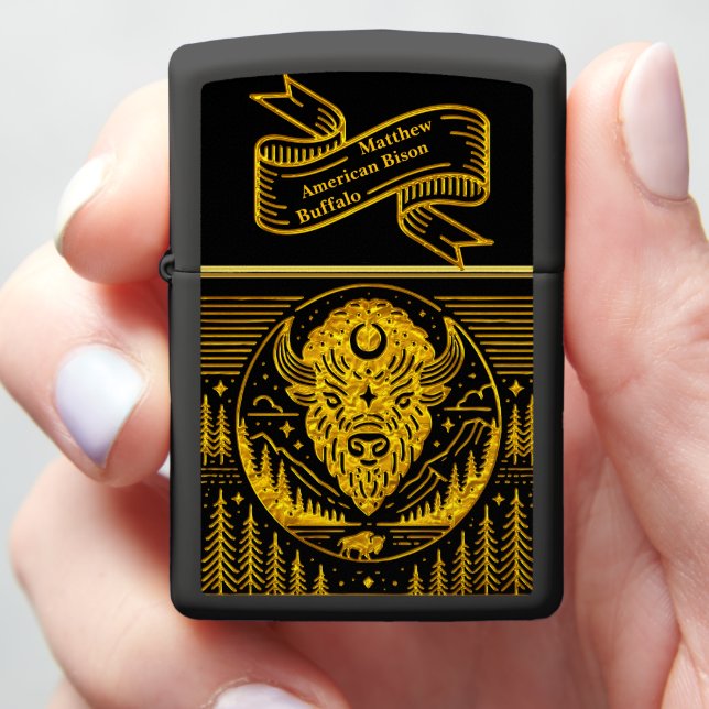 Bison Head Silhouette Against Mountain Background Zippo Lighter (In Hand)