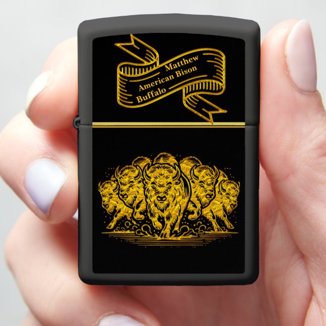 Bison Herd Charging Through the Water in Nature Zippo Lighter (In Hand)