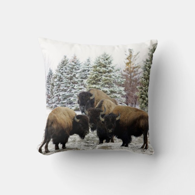 Bison Herd in Winter Snow Decorative Pillow (Front)