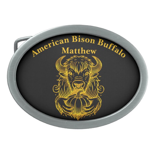 Bison Holding a Pumpkin in Detailed Illustration Belt Buckle (Front)