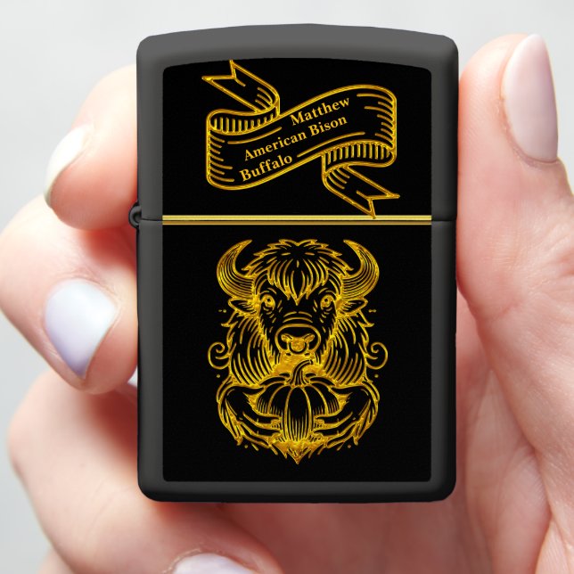 Bison Holding a Pumpkin in Detailed Illustration Zippo Lighter (In Hand)