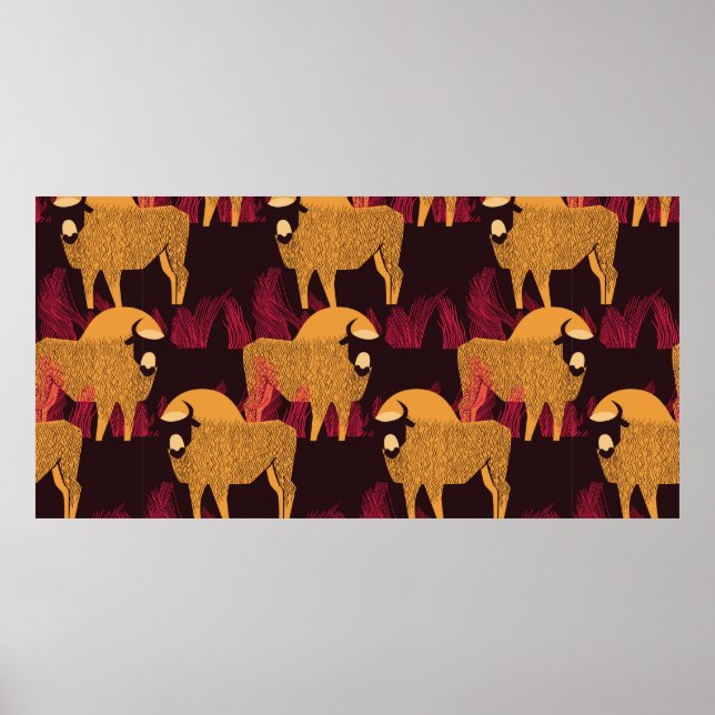 Bison in a field in high grass seamless pattern poster (Front)