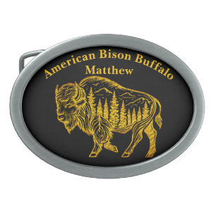 Bison in a Forest Illustration Belt Buckle