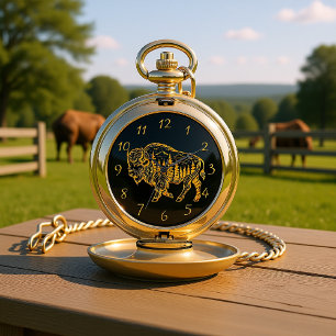 Bison in a Forest Illustration Pocket Watch