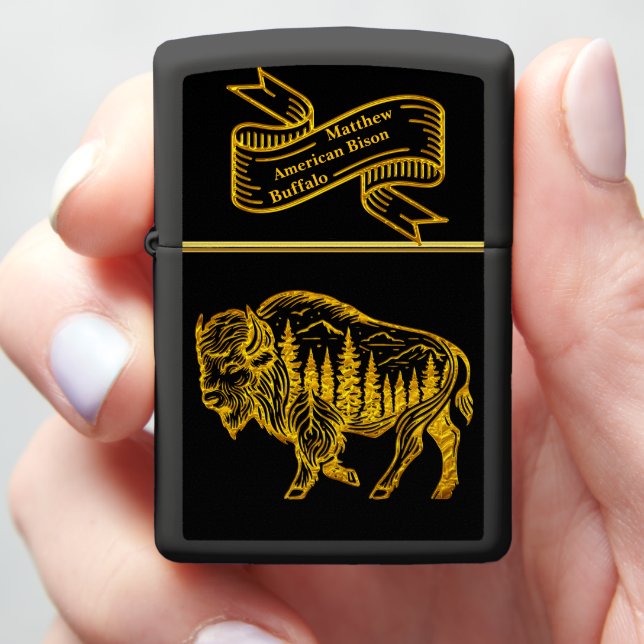Bison in a Forest Illustration Zippo Lighter (In Hand)