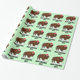 Bison in a Santa Hat at Holidays Name Customizable Wrapping Paper