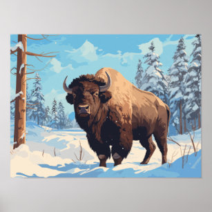 Bison in Snowy Forest - Ai Postcard Poster