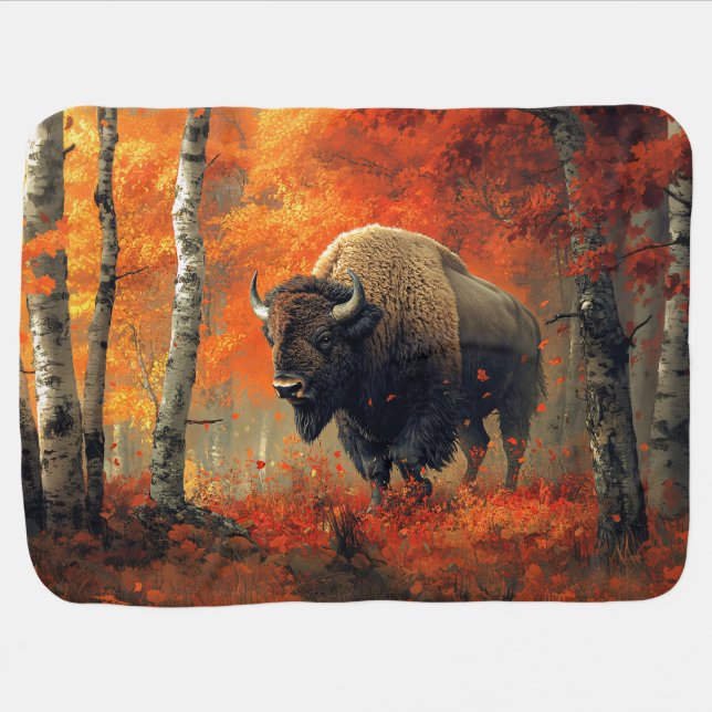 Bison in the Autumn Woods Artwork Baby Blanket (Horizontal)