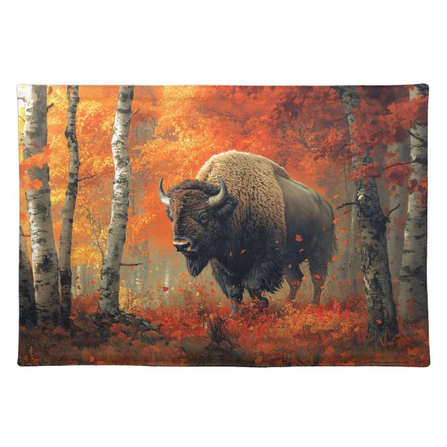 Bison in the Autumn Woods Artwork Cloth Placemat (Front)