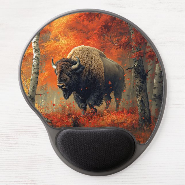 Bison in the Autumn Woods Artwork Gel Mouse Pad (Front)