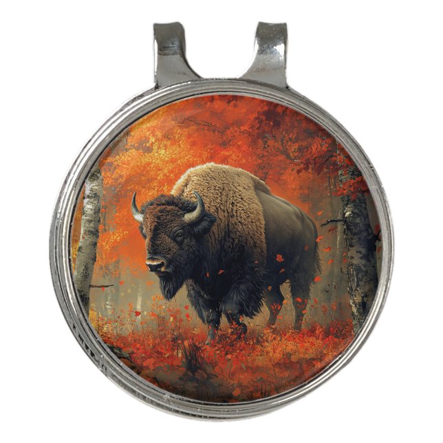 Bison in the Autumn Woods Artwork Golf Hat Clip (Front)