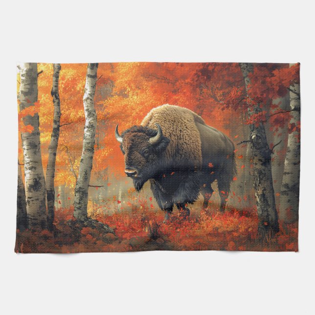 Bison in the Autumn Woods Artwork Kitchen Towel (Horizontal)